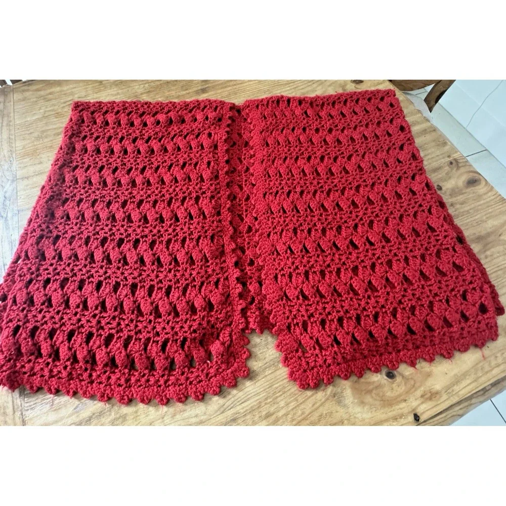Hand Crocheted Red Throw Blanket | Vintage Boho Cottage Knit Afghan